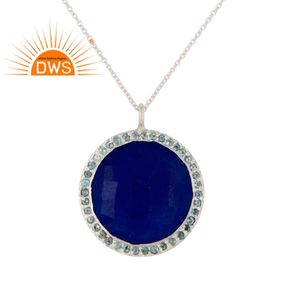 Collar de piedras preciosas naturales de Topacio Azul y Aventurina, cadena de plata de ley 925 sólida con forma redonda, colgante, joyería al por mayor - Product Image 1