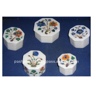 Marble and Stone Inlay <b>Boxes</b> in Octagonal Shape with <b>Floral</b> Designs Handmade Durable Home Decor - Product Image 1