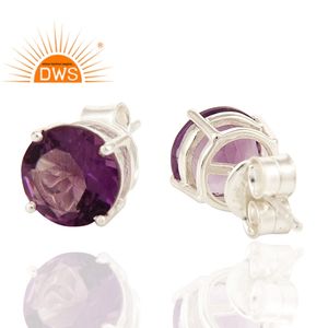 Prong <b>Set</b> Amethyst Gemstone <b>Earrings</b> Fashion 925 <b>Silver</b> Designer Tiny <b>Stud</b> <b>Earrings</b> Jewelry Manufacturer Classic Collection - Product Image 2