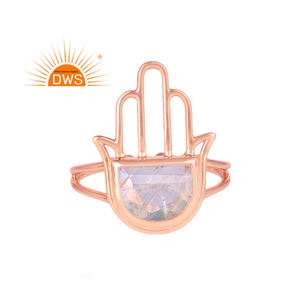 ที่มีคุณภาพสูงเงินสเตอร์ลิงธรรมชาติรุ้งดวงจันทร์หินพลอย Hamsa ออกแบบแยกรูปร่างแหวนสำหรับผู้หญิงเครื่องประดับผู้ผลิต - Product Image 1