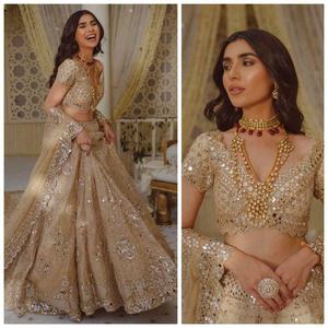 Lehenga pakistanais et indien de créateur avec miroirs dorés, Lehenga en filet doré, tenue de soirée, Choli, robe tendance 2022 - Product Image 6
