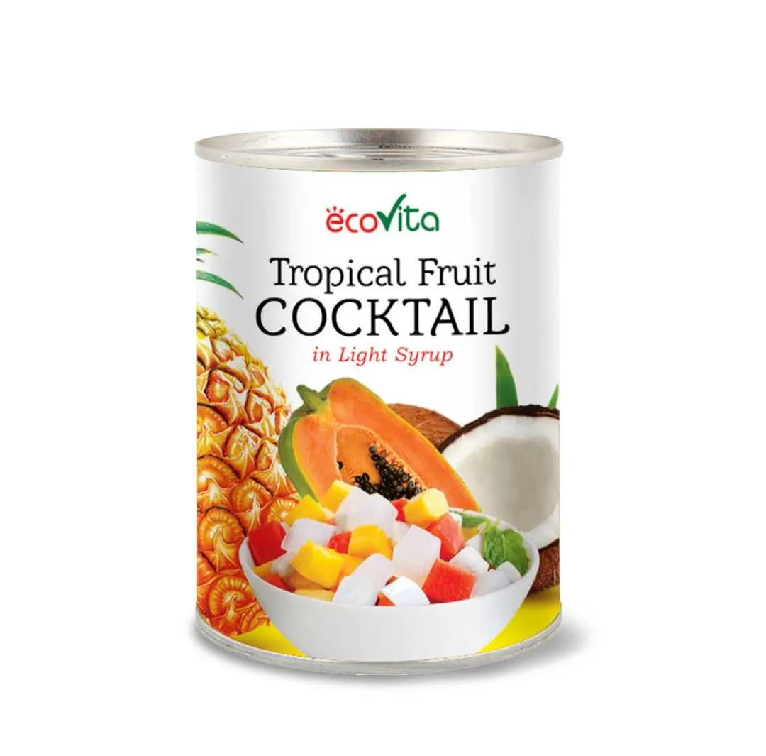 Top Koop Vietnam Fabrikant Hoge Kwaliteit Blik Tropische Fruit Cocktail Ananas Papaya Kokosnoot In Lichte Siroop 580Ml
