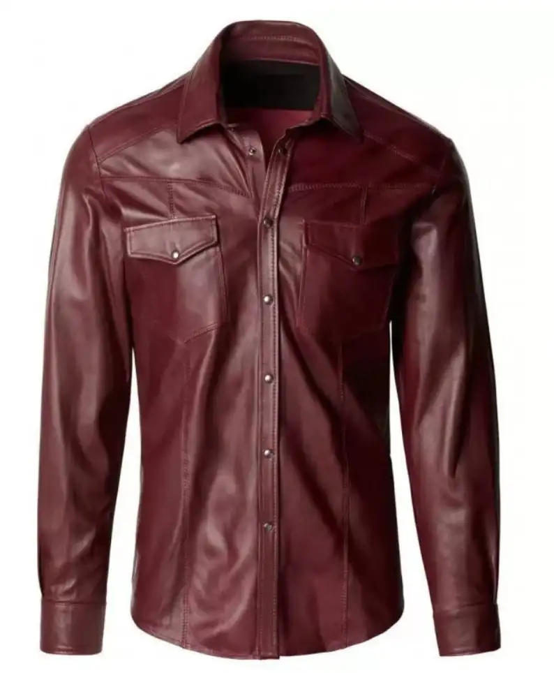 High Quality Slim Fit Design Maroon Leather Long Sleeve Shirt For Men