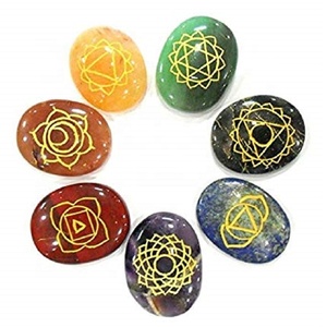 Crystal Oval Shape Seven Chakra Engraved Chakra Symbols Set With <b>Box</b> Emf protection Chakra Gift <b>Box</b> Set Wholesaler - Product Image 5