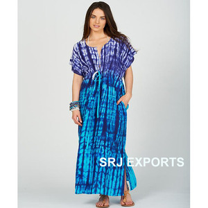 Robe longue décontractée d'été pour femme SRJ EXPORTS, en soie tie-dye écologique, à manches courtes, col rond, coupe ample, style bohème, avec poches - Product Image 1