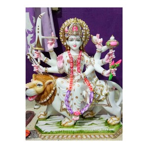 Escultura de diosa Maa Durga, sentado religioso en León, mármol blanco - Product Image 1
