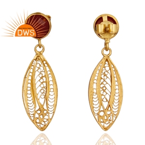 Indian Artisan Gold Plated 925 Silver Dangle Earrings Wholesale Natural <b>Red</b> Onyx Gemstone Earrings Jewelry - Product Image 2
