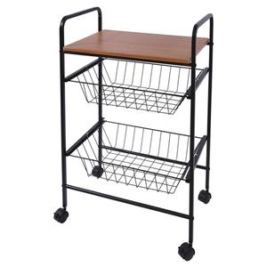 Kitchen Serving Trolley <b>Cart</b> with Two Wire Baskets Matte Black/Nature <b>Wood</b> Finish Elegant Design - Product Image 1