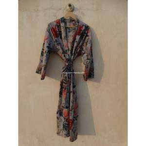 Venta al por mayor gris 100% algodón ropa de dormir largo estampado floral camisón bata de baño estilo kimono vestido de estampado indio para el verano - Product Image 5