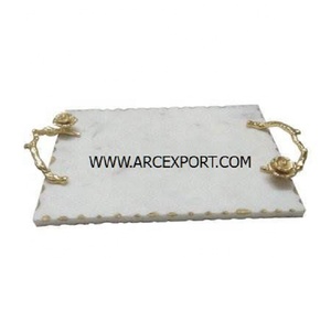 White <b>Marble</b> With Gold Plated Handle <b>Large</b> Modern Unique Designing Serverware Stylish Serving Tray Platters in Reasonable Price - Product Image 2