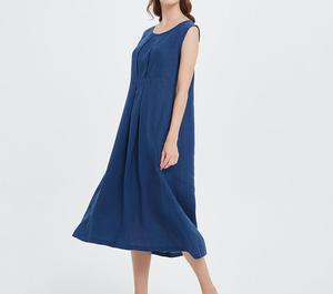 Royal Blue Sleeveless A-Line Midi Dress O-Neck Loose Fit 100% Linen Casual <b>Summer</b> Wear - Product Image 5