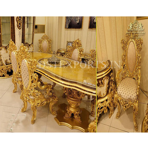 Elegante juego de comedor de madera de teca en pulido dorado indio de 6 plazas Maharaja muebles de comedor lujosa mesa de comedor de diseño turco - Product Image 1