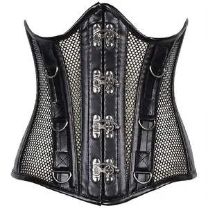 COSH CORSET Underbust Steelboned Waist Training Extreme Curvy Black Leather With Mesh Corset And Front Clasp Closer Vendors