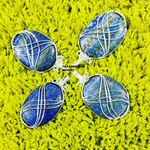Pierres d'agate naturelles Cristaux de guérison Lapis Lazuli Fil de cuivre ovale Enveloppé de pierres précieuses Agate Bijoux Pendentif Collier - Product Image 1