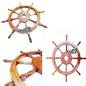 航海手工木制船轮转向棕色抛光复古船船可收藏家居墙壁装饰30"