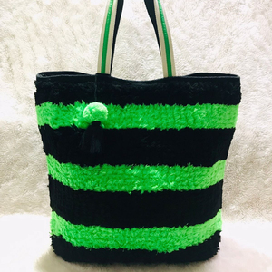 Bolso de Mano de Ganchillo de Lana Craftstages International, Estilo Bohemio, Rayas Negras y Verdes, Bolso de Playa de Verano con Cierre de Cremallera Superior Abierto - Product Image 1
