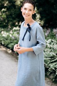 Feel Effortlessly Elegant Bouquet Blue Long <b>Dress</b> 100% Linen O-Neck Formal 3/4 Sleeve Knee-Length Breathable <b>Loose</b> Fit <b>Dress</b> - Product Image 5