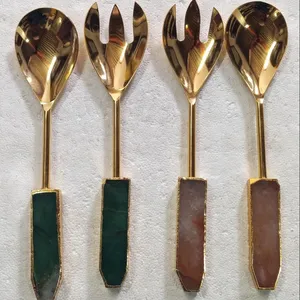 玛瑙石多色勺子和叉子套装/粉色玛瑙蓝色玛瑙提手勺子搭配超品质/绿色玛瑙