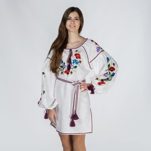 Vestido informal de verano para mujer, elegante cintura alta fruncido con cuello en V, manga larga, Material tejido de algodón 100% - Product Image 1