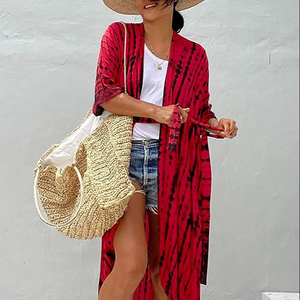 2023 Kimono Vintage de verano para mujer Boho Lady Beach Cover-Up Cardigan transpirable media manga Tie Dye cintura Natural talla XL - Product Image 1