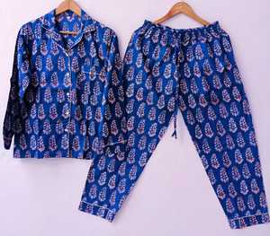 Conjunto de Pijama de Algodón con Estampado en Bloque al por Mayor, Camisa de Manga Larga y Pantalones con Cintura Elástica, Ropa de Dormir Informal y Cómoda para Mujer - Product Image 1