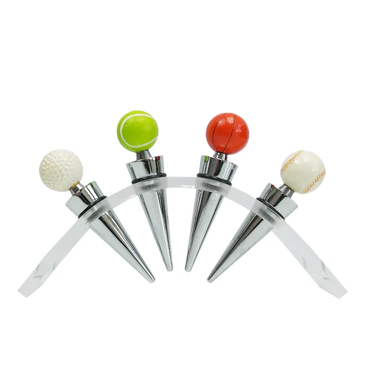 Amazon product 4pcs Sport Ball Series Wine Bottle Stopper With Acrylic Rack