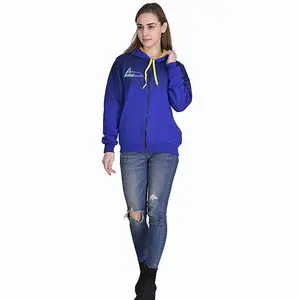 Winter wear Zipper ladies hoody with side pockets royal blue color stripe hoody for girls