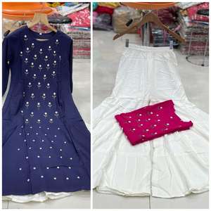 Nouvellement lancé femmes décontracté deux pièces ensemble Reyon Kurti Sharara Style fantaisie travail manuel brodé poignets dentelle boutons Vintage automne - Product Image 5