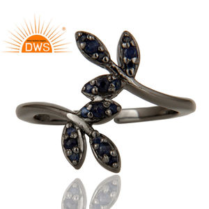 Bague en argent Sterling saphir bleu naturel en forme de feuille, pierre précieuse, noir, Rhodium plaqué, vente en gros - Product Image 2