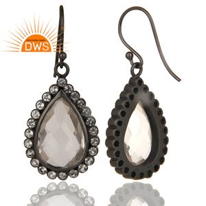 Boucles d'oreilles pendantes en argent 925 plaqué rhodium noir, topaze blanche et pierres précieuses en cristal, boucles d'oreilles de créateur, fournisseur de bijoux - Product Image 2