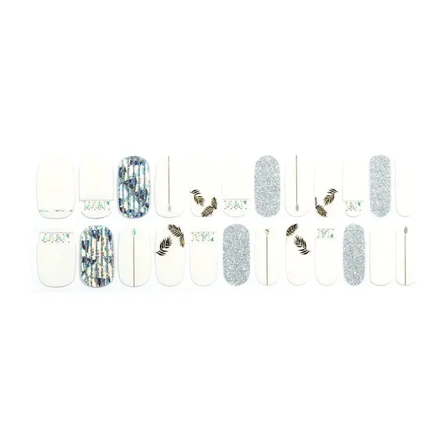 Stylish White boat clean white nails with gold and silver feathers Gel strip Reliable products Made in Korea