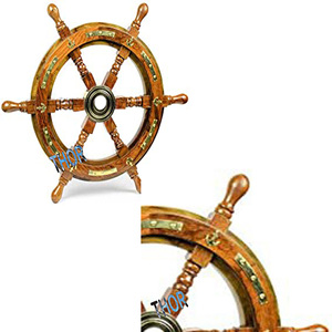 Décoration murale polie de roue de bateau en bois de direction de bateau nautique avec centre en laiton et anneau Roues de bateau en bois uniques - Product Image 5