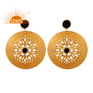 Natural Black Onyx CZ Earrings Fashion Jewelry Manufacturer Designer Gold Plated Brass Filigree Dangle Earrings - Product Image 1