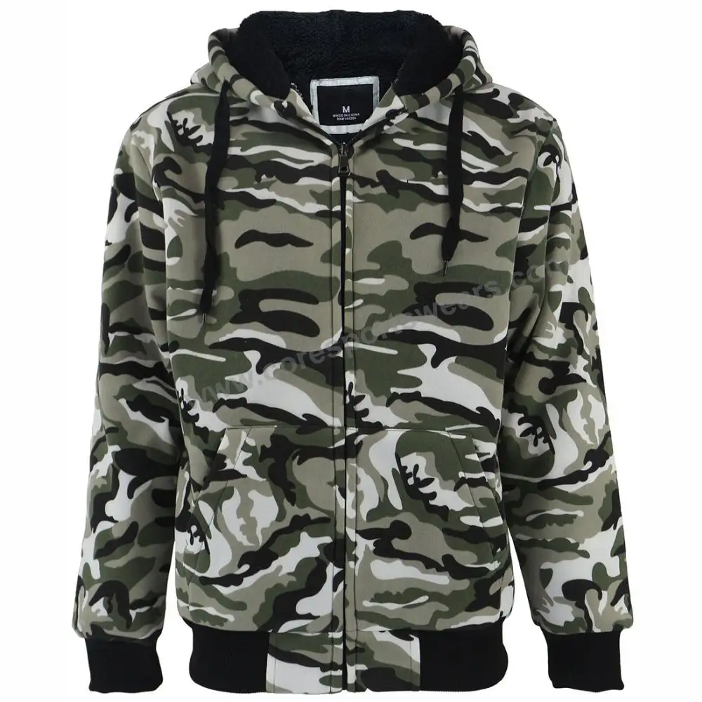 Veste de Camouflage pour les hommes, coloris unis, épais, sweat-shirt à capuche doublées Sherpa, avec fermeture éclair, vêtement chaud pour l'hiver