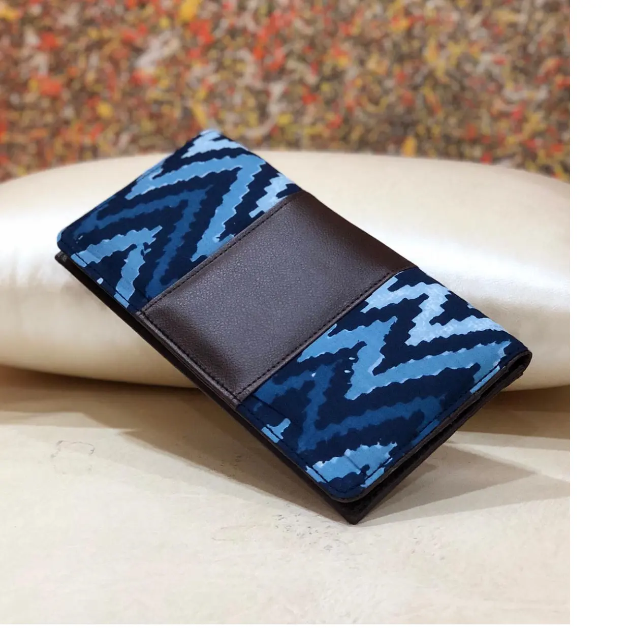 block printed cotton fabric covered wallets with an ikat theme suitable for women's fashion retailers