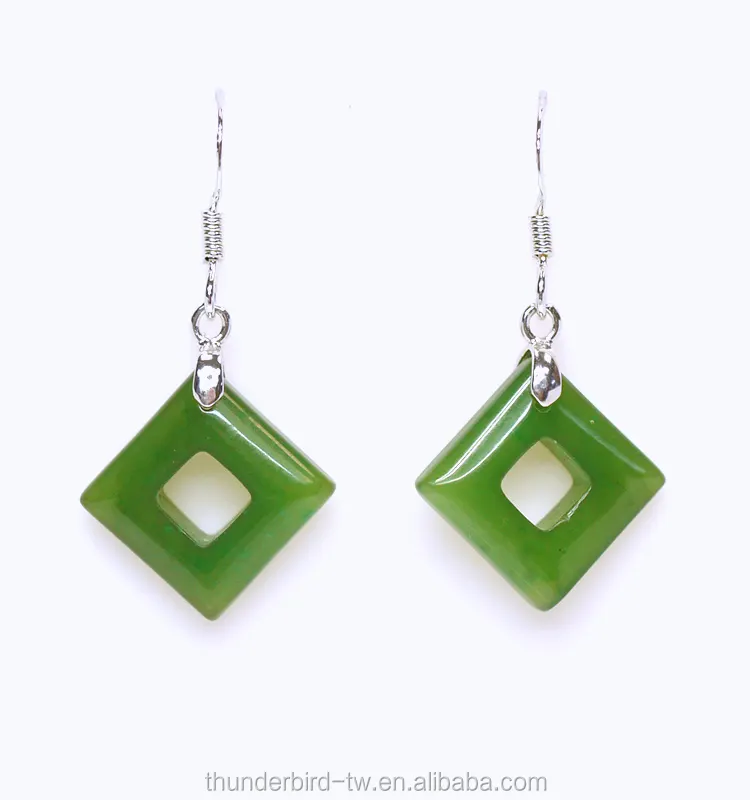 Wholesale jewelry 925 sterling silver square Natural Genuine green jade nephrite hook pendant earring