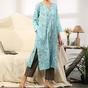 Robe de nuit pour femmes imprimée à la main, kurta en coton à manches longues, pyjama long, pantalon, haut imprimé à la main, robe de plage - Product Image 1