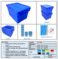 UP HDPE Plastic Box Turnover Bleu avec Filet et Empilable 600X400X300mm Caisses de Stockage Moulées par Injection de Qualité Alimentaire