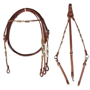 HORSE WESTERN DD LEATHER HEADSTALL WITH BREASTPLATE RAW HIDE WORK