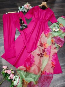 ชุดสูทสำหรับผู้หญิง,ชุดสูท Anarkali Plzo พร้อมงานปักผ้าออร์แกนซ่า Duppato Kurti สีชมพูยอดนิยม - Product Image 2