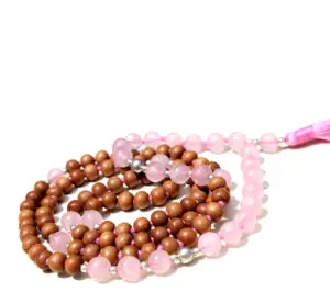 粉色石英水晶木珠心脉轮108珠马拉项链手工印度艺术家串珠项链