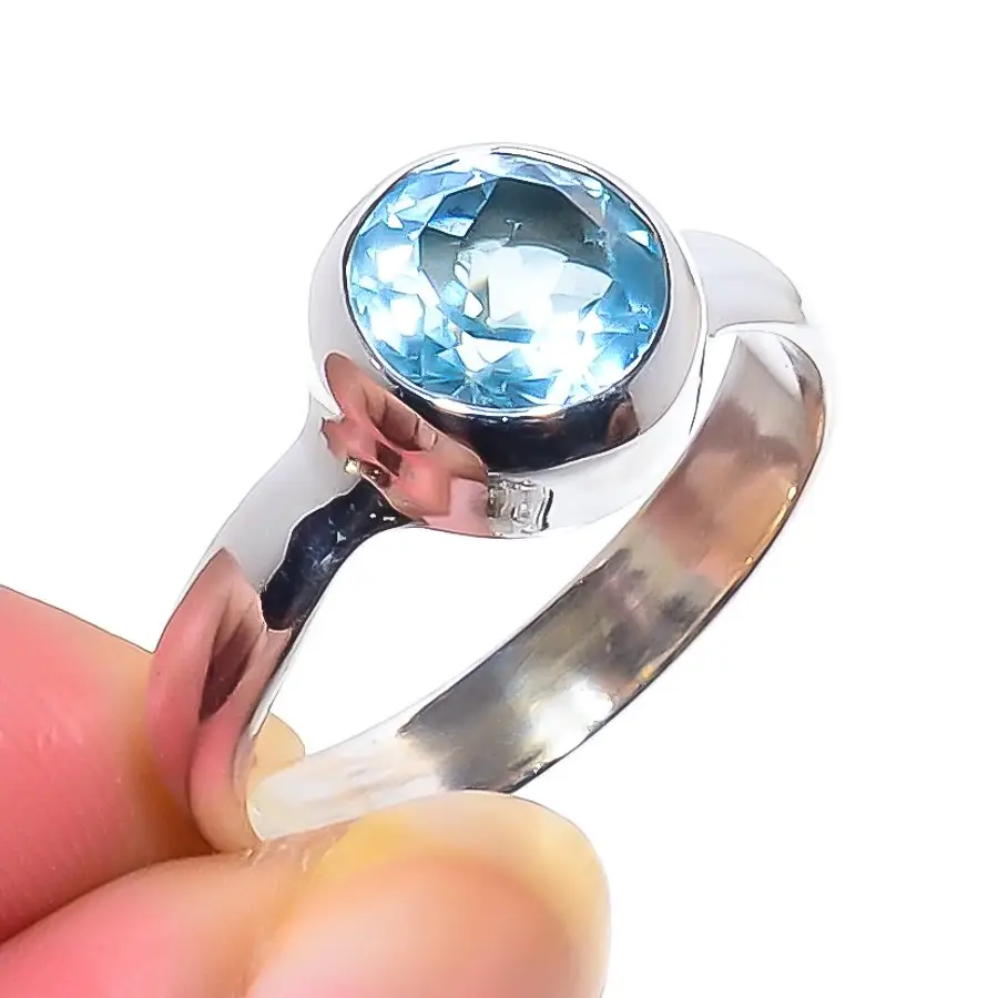 Natural Blue Topaz Gemstone Solid Silver Ring for Men and Women Healing Crystal Round Cut Stone 925 Sterling Silver Ring Jewelry