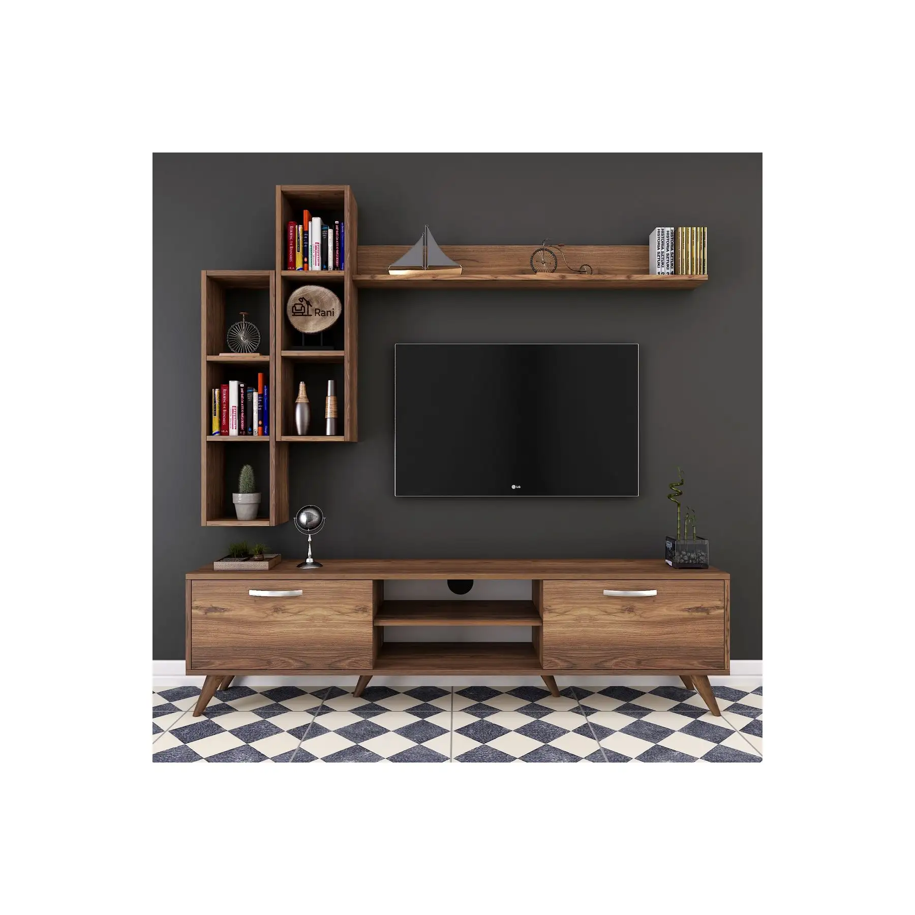 Rani A9 M16 Tv Stand Tv Cabinet Tv Unit With Shelves M-Walnut Color Modern Minimalist Design Best Price Turkish Wholesale 262