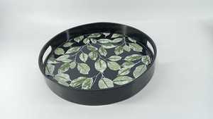 Modern <b>Oval</b> Wooden Serving Tray with Green Leaf Print High Gloss Decorative <b>Coffee</b> <b>Table</b> Tray with Cutout Handles - Product Image 6