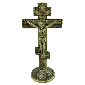 Cruz de mesa de crucifijo de pie, bronce, bizantino