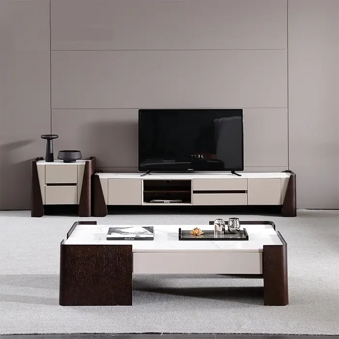 Tablero de madera Rectangular para TV, mueble de madera con patas de hierro, piedra sinterizada, moderno y contemporáneo, MADRID, color blanco y negro