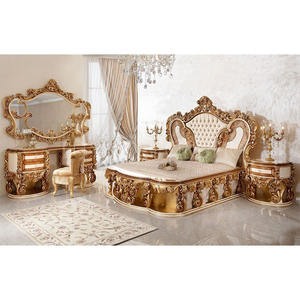Meubles de chambre à coucher en bois de teck, ensemble moderne aspect luxueux, sculpté, Style européen Antique avec finition dorée - Product Image 1