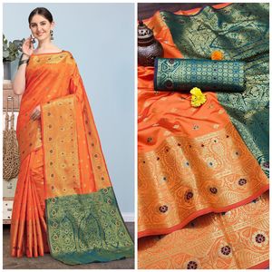 Trandy-Saree de seda tradicional de Lichi puro, tejido y contraste a juego con hermoso oro, Zari - Product Image 5