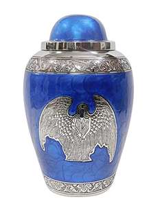 โกศบรรจุอัฐิสำหรับผู้ใหญ่ ทำจากอะลูมิเนียม/ทองเหลือง  ตกแต่งด้วยสีเงินและเคลือบสีน้ำเงิน - Product Image 1