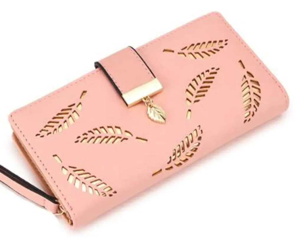 2021 JUHE Leather Women Long Wallet Purse Gold Hollow Leaves Pouch Handbag Coin Purse Card Holders